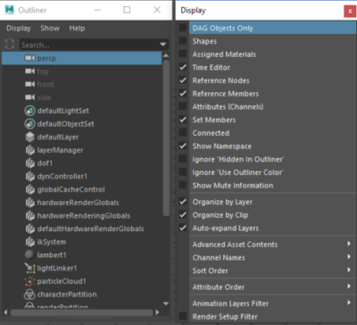 The outliner and a context menu in Autodesk Maya's user interface